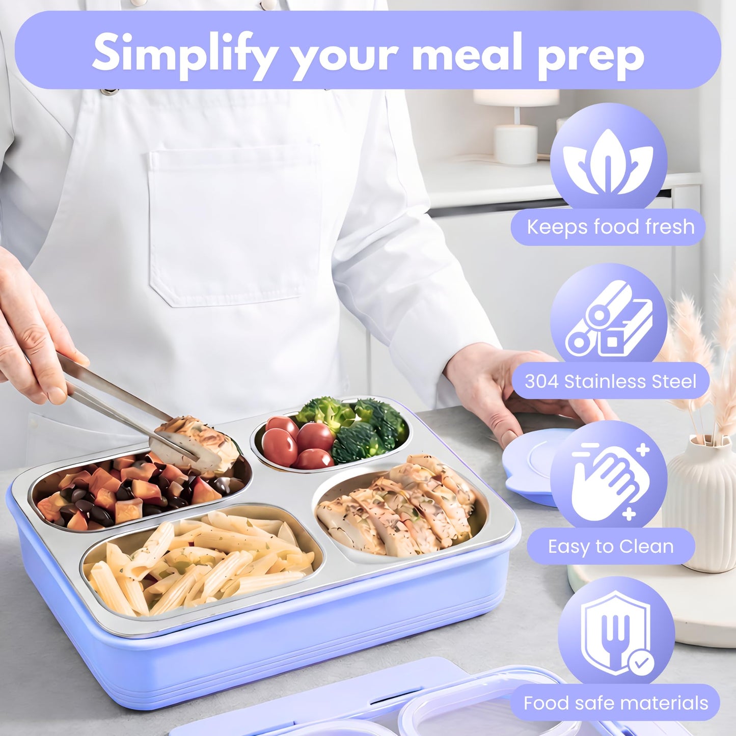 Homaze Kids Stainless Steel Bento Lunch Box, 4-Compartment Food Container with Condiment Cup, Chopsticks and Spoon, Leak-Resistant (Purple)