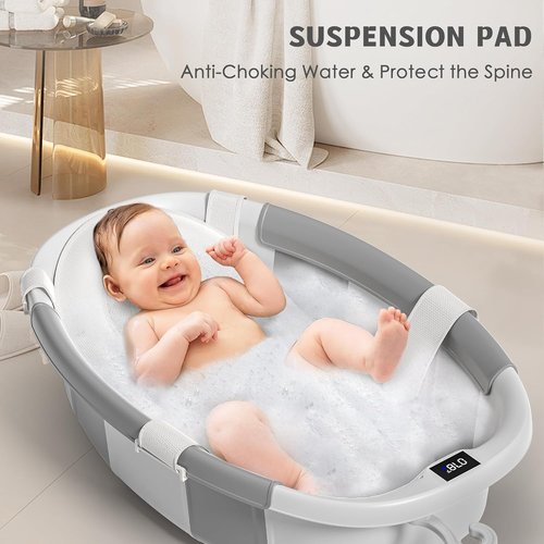 Himold Collapsible Baby Bathtub - Spacious Foldable Infant Bath Tub with Thermometer | Grey, 0-36 Months