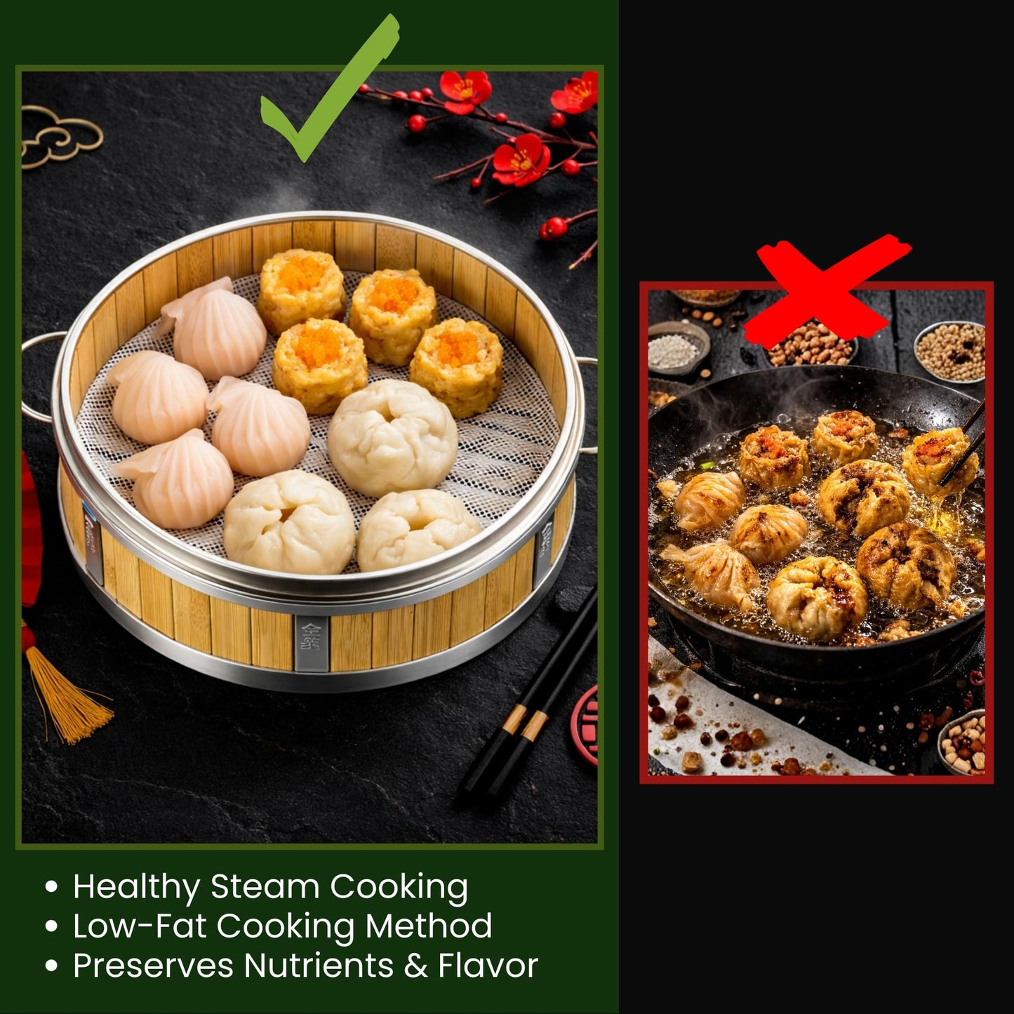 Bamboo Steamer 10" - Heavy-Duty Dumpling Steamer Basket, 2 Tier Bamboo Steamers for Cooking & Steaming Dim Sum, Bao Bun, Gyoza, Shumai & Vegetables - 10 Inch Steam Baskets with Handles & Accessories Set