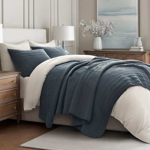 EVERGRACEHOME 100% Cotton Modern Lines Quilt Set King Size, Pre-Washed Soft Striped Coverlet Bedspread, 3 Piece Lightweight Bedding Set for All Season, with 2 Pillow Shams, Midnight Blue