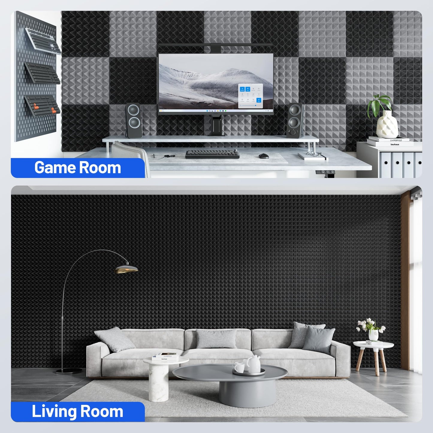 36 Pack Pyramid Sound Proof Foam Panels for Walls with Updated Self-Adhesive 3"X12"X12" High Density Acoustic Panels Sound Absorbing Fast-Expanding Soundproof Wall Panels for Gaming Studio Decor-Black