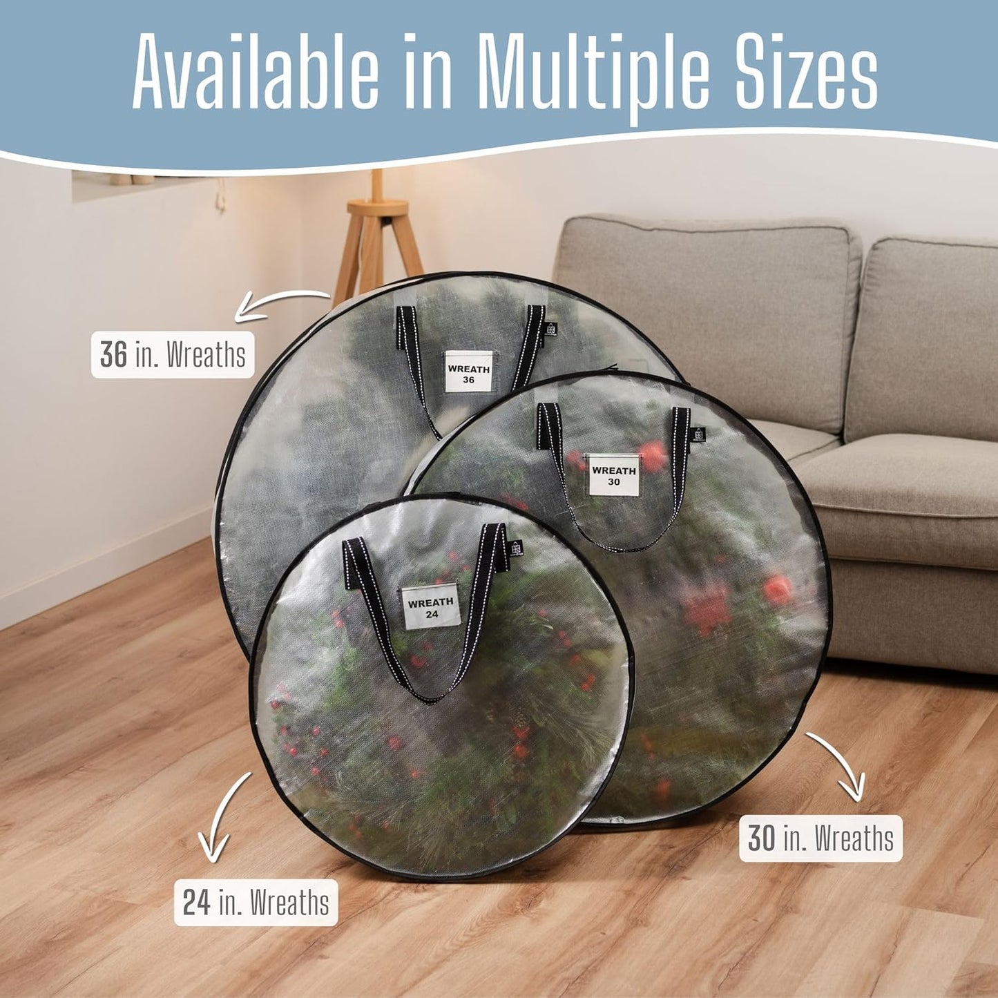 VENO Wreath Storage Container - 24 Inch Heavy-Duty Clear Bag with Wall Hanging Handles | 2 Pack