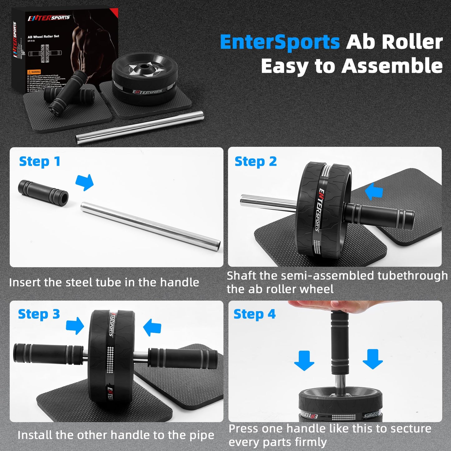 EnterSports Ab Roller Wheel for Abs Workout - Abdominal Exercise Equipment with 2 Knee Pads for Home Gym, Core Strength Training, Fitness Equipment for Men & Women (Silver Grey)
