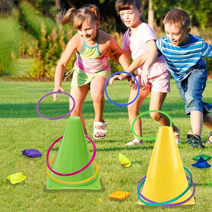 Carnival Games Combo Set 3 in 1, 31PCS Soft Plastic Cones Bean Bags Ring Toss Game with Carrying Bag, Gift for Outdoor Birthday Party/Xmas