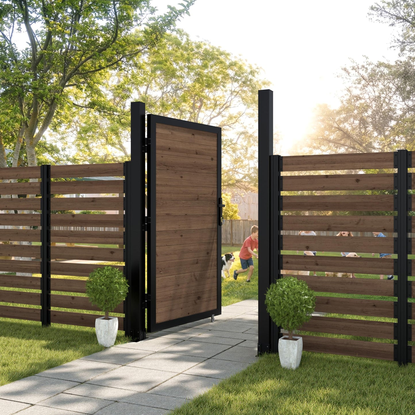 BlueWish 6 x 3 FT Cedar Wood Fence Gate Kit, Board-on-Board Privacy Fence Gate, Aluminum Frame with Security Lock System, Outdoor Garden Yard Complete Gate Kit for Backyard, Pool, Brown