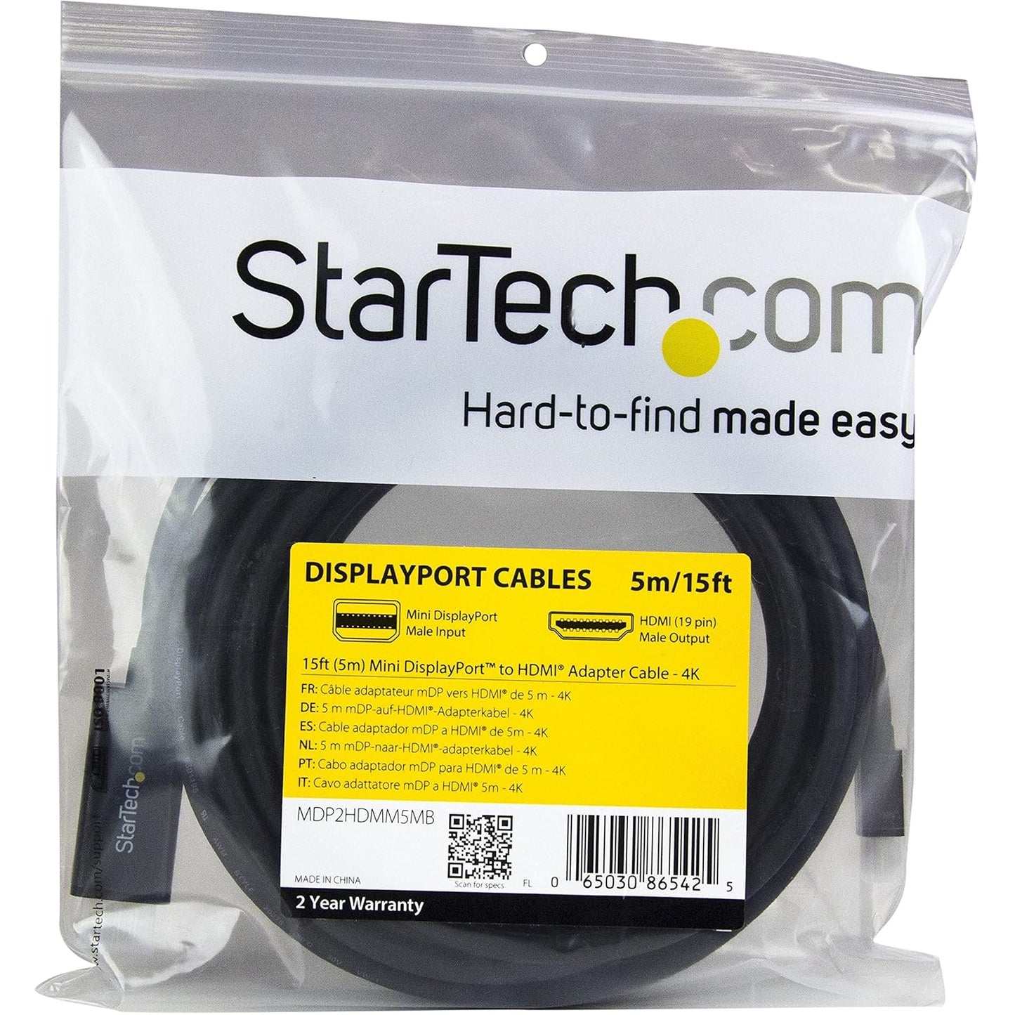 5 (15 4K 30Hz StarTech.com Mini DisplayPort to HDMI Adapter Cable - mDP to HDMI Adapter with Built-in Cable - Black - m