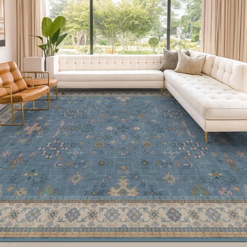 Hazo Haus Blue Area Rug - Dusty Blue 10x12 Washable Floral Design for Living Room & Bedroom