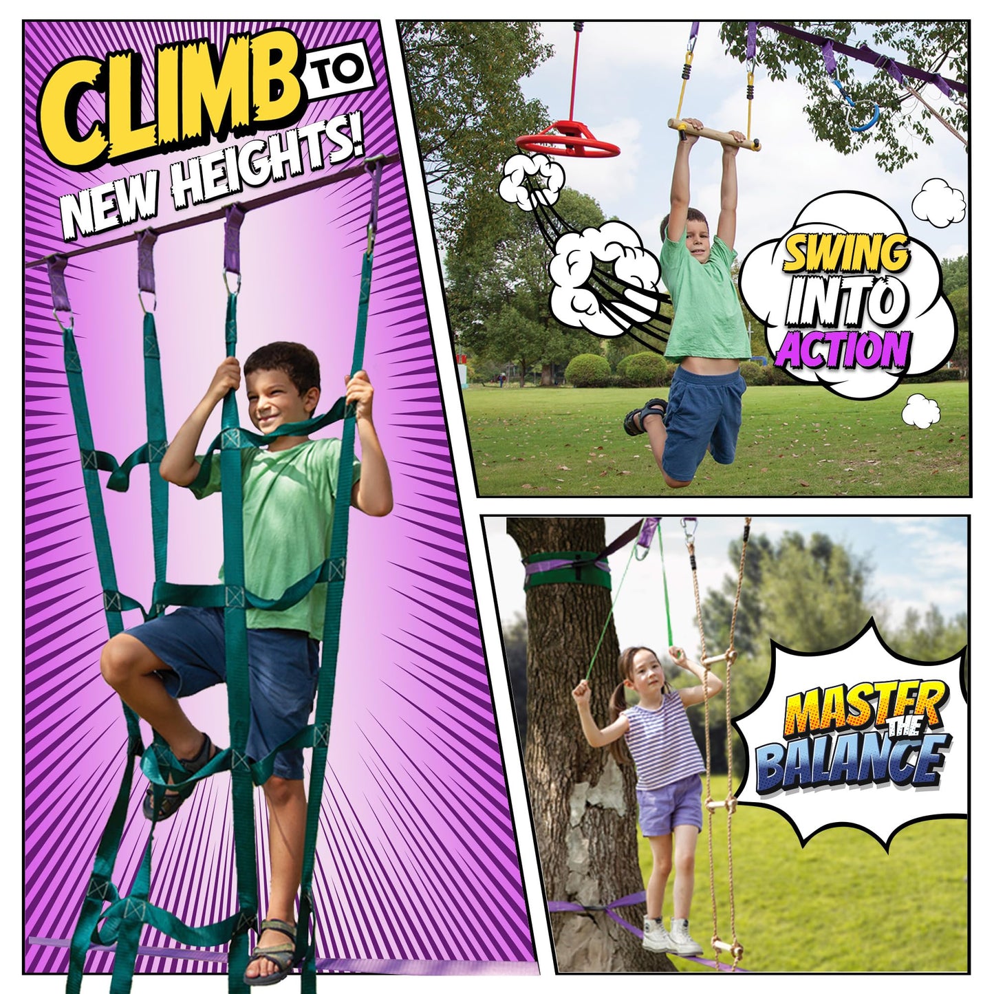 Trailblaze Ninja Warrior Obstacle Course for Kids - Ultimate Outdoor Fun 2x55 Ft Ninja Slackline Climbing Net Rope Ladder Trapeze Swing Monkey Bars - Durable and Safe Ninja Course for Kids Outside