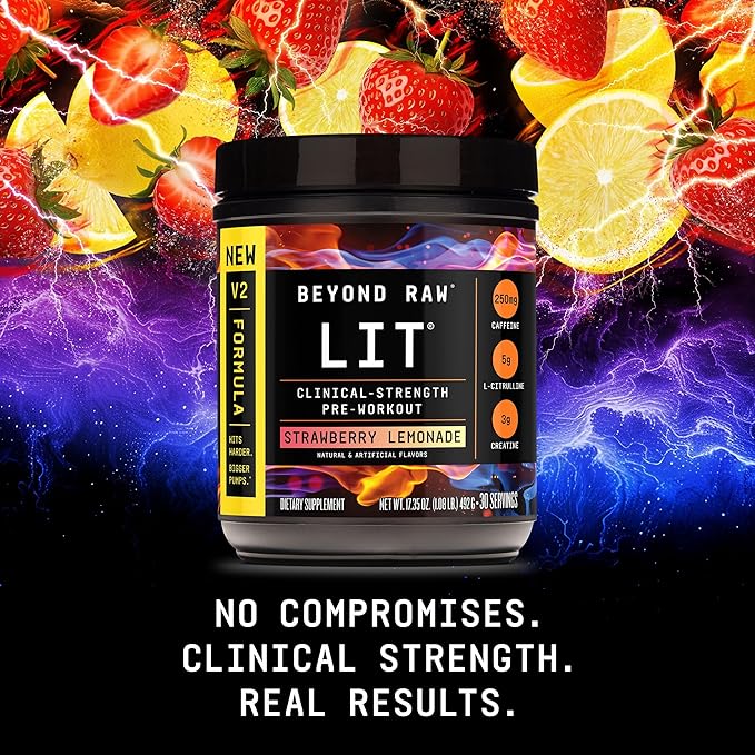 BEYOND RAW LIT V2 Clinical Strength Pre Workout Powder, Hits Harder, Bigger Pumps, Caffeine, L-Citrulline, Creatine, Strawberry Lemonade, 30 Servings
