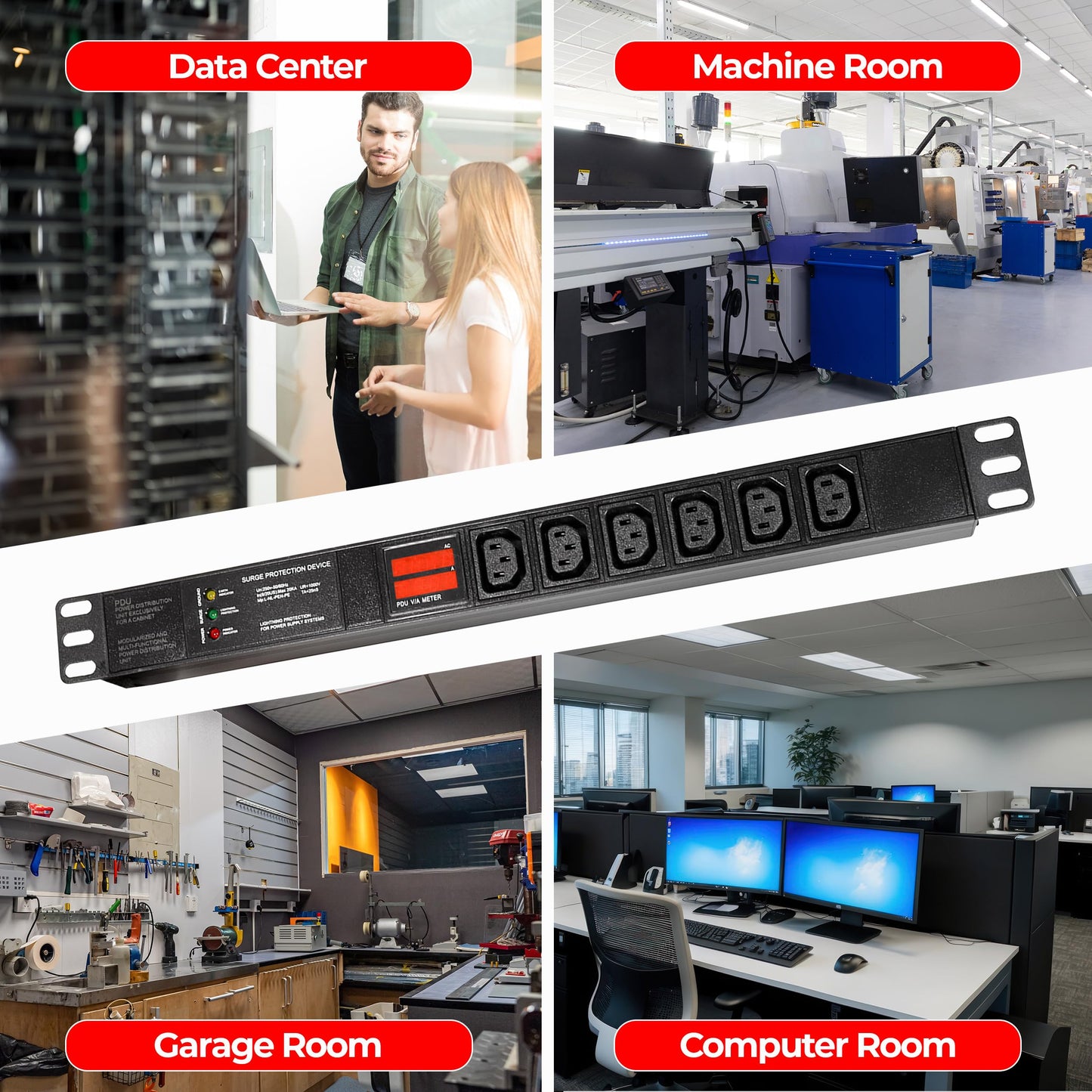 Valiant Power Rack Mount Power Strip - 240V 30A Single Phase PDU with Built-in Surge Protector, Volt & Amp Meter for Data Center - 19” Metal Housing, Ears & Fittings Included, 6’ Cable, 6 Outlets