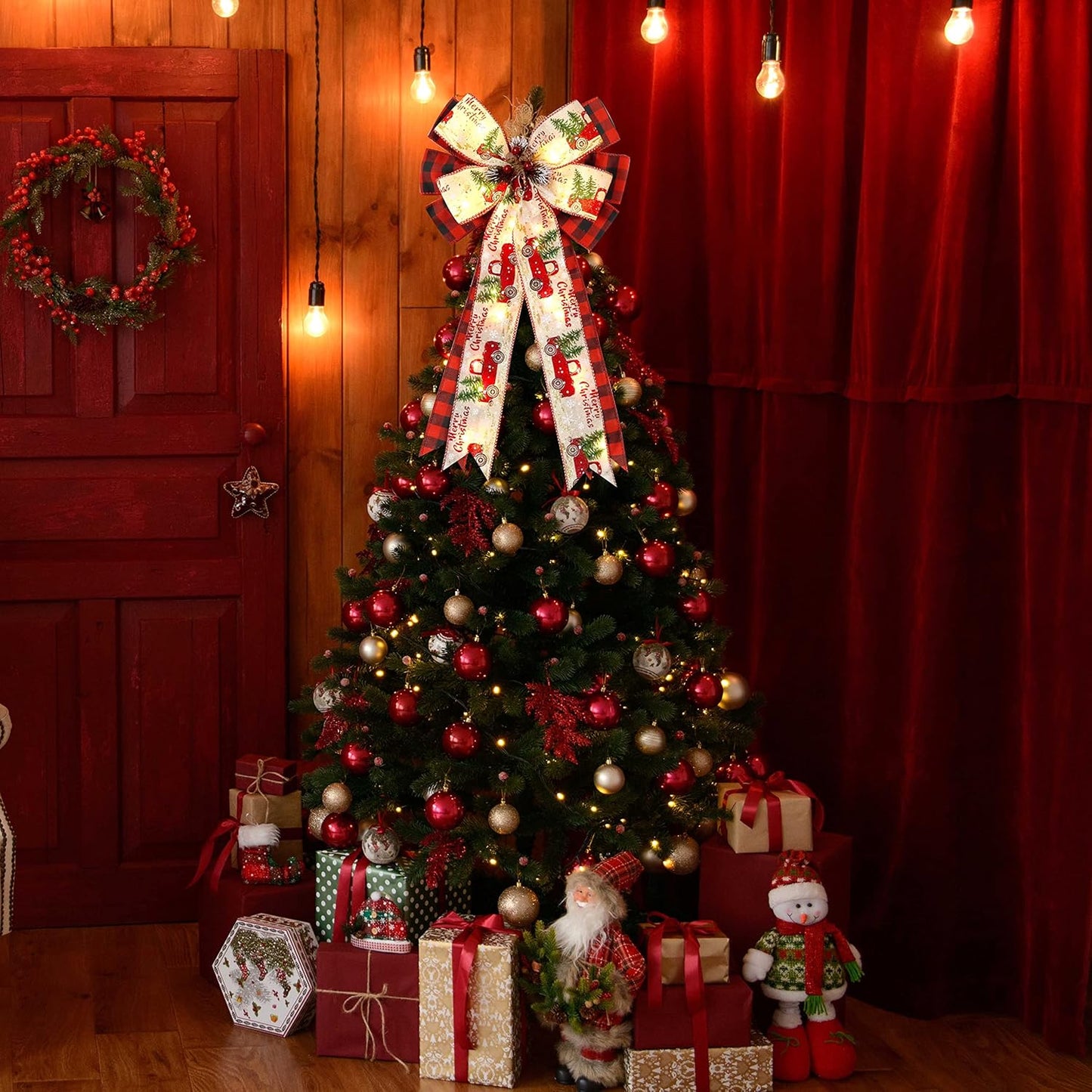 Regine Switzerland Christmas Tree Topper Bow - 30 LED Lights, Large 13”x25” Red Black Buffalo Plaid Design