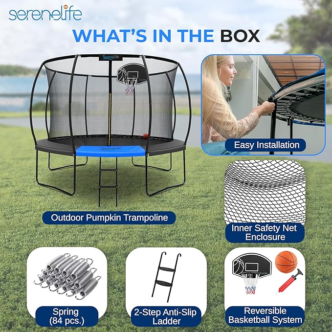 Serenelife 12FT 10FT 8FT Recreational Trampolines with Enclosure Net and Ladder and Anti-Rust Coating, ASTM Approved Trampoline Outdoor for Kids and Adults Outdoor Yard Trampolines