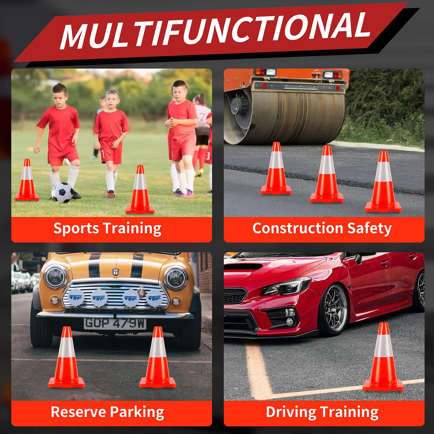 Traffic Cones 18 inch 12 Pack Safety Cones Orange with Reflective Collars Fit Parking Lot,Driveway Road Traffic Control Construction Sport Cones