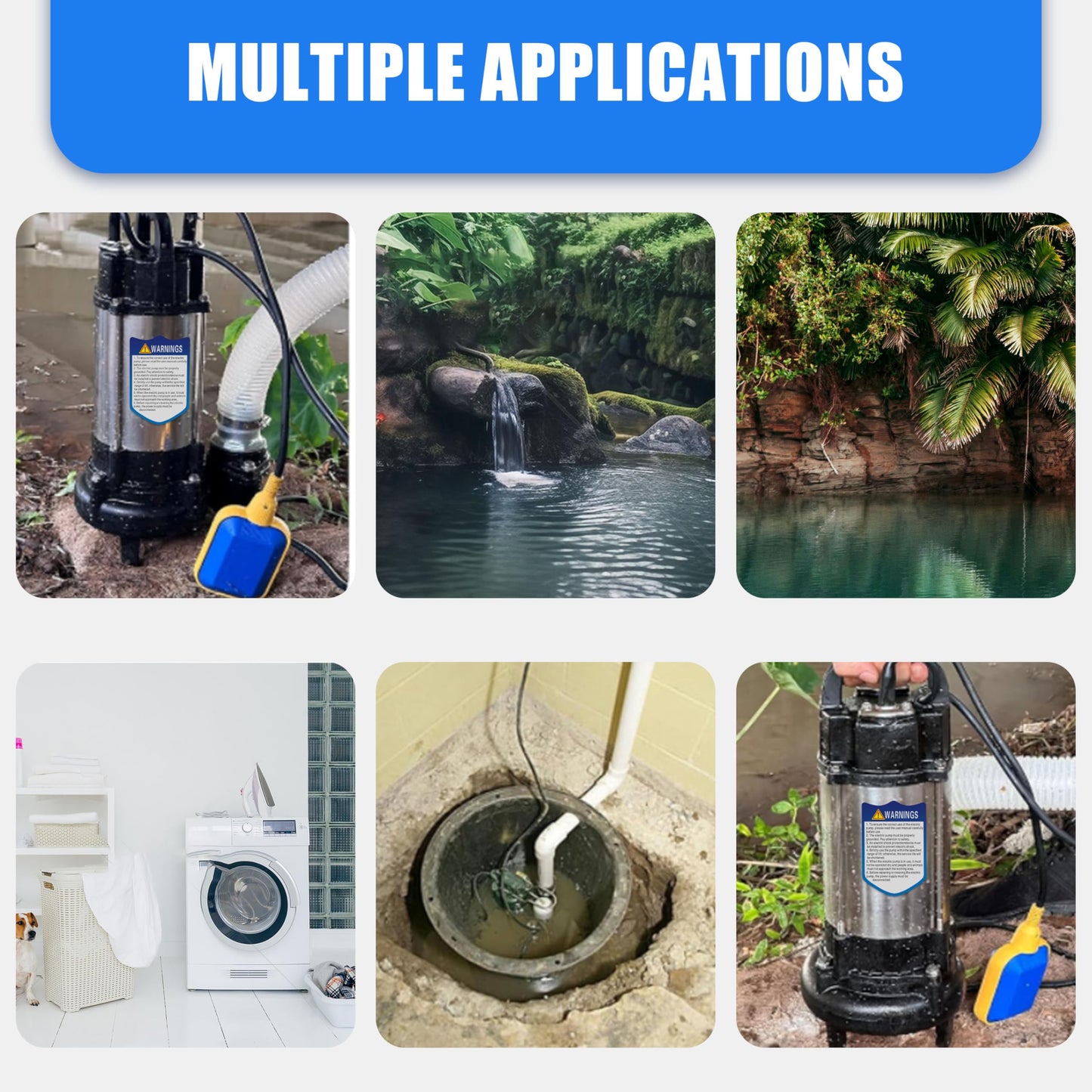 1HP Sewage Grinder Pump Submersible Effluent Pump, Sump Pump 110V 6400GPH with Automatic Float Switch,Stainless steel body and reamer.2'' NPT Discharge for Basement, Sump Basin.