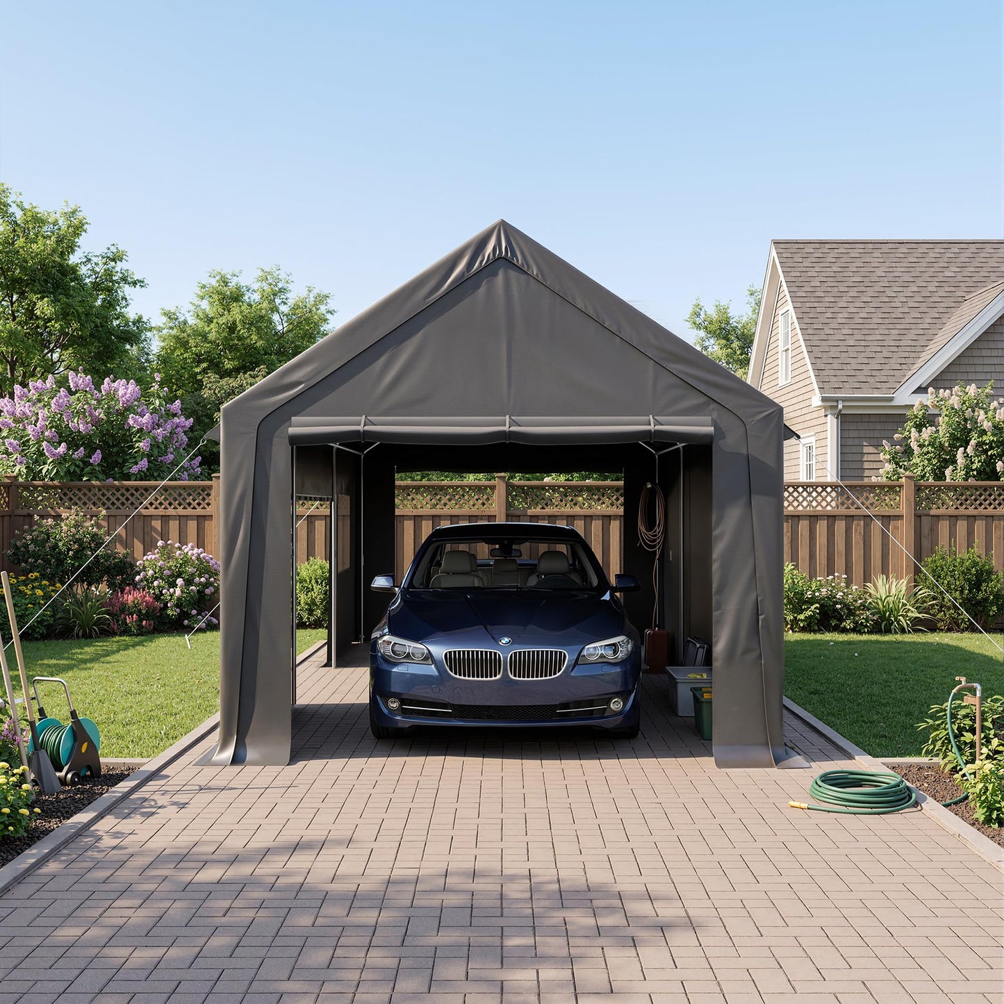 AirWire 12x20 FT Heavy Duty Carport, Portable Car Tent Garage with Roll-Up Windows & Side-Opening Door, Enclosed Car Port Canopy with Reinforced Four-Hole Base for Car, Truck, Boat