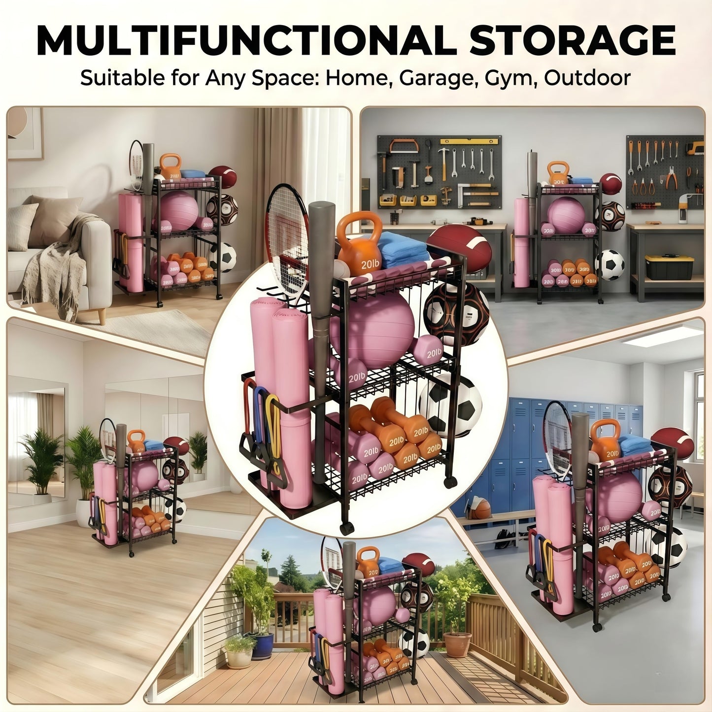 ULAIHOMN 3-Tier Home Gym Storage Rack with Ball Holder & Side Basket Heavy Duty Vertical Workout Equipment Organizer for Yoga Mats with Lockable Wheels
