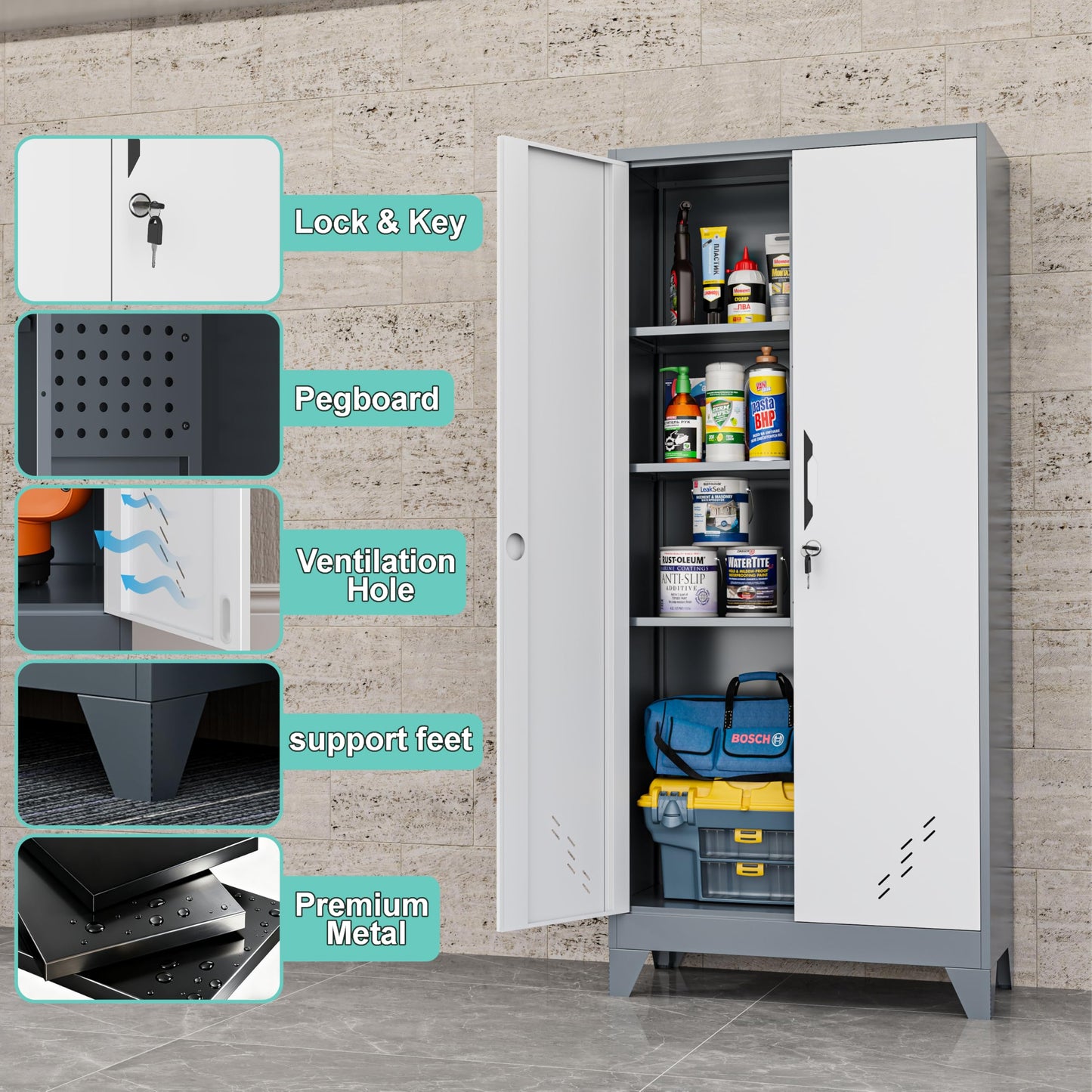 DUTYSEST Storage Cabinet 61" H, Locking Cabinet with Doors and Shelves, Metal Pantry Cabinets for Tool Organization,Gray White Cabinet with Removable Pegboard for Garage,Utility Room,Office