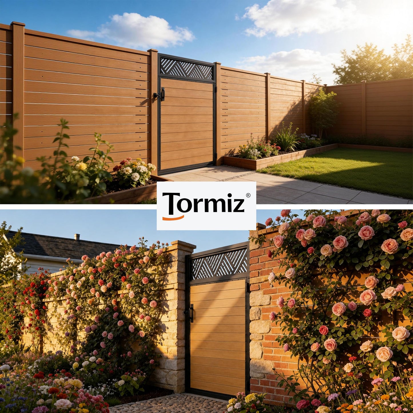 TORMIZ 4x6 FT (46.8"x70.8") 201 Stainless Steel Fence Gate Kit with Wood-Grain Aluminum Panels – Heavy Duty Anti-Sag Metal Gate Frame, Pre-Installed Left/Right Mount (All-in-One Kit, Panels Included)