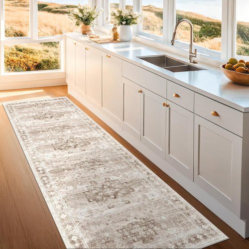 Hazo Haus Beige Washable Hallway Runner Rug - Non-Slip, Stain Resistant, 2'6"x8' Boho Floral Decor