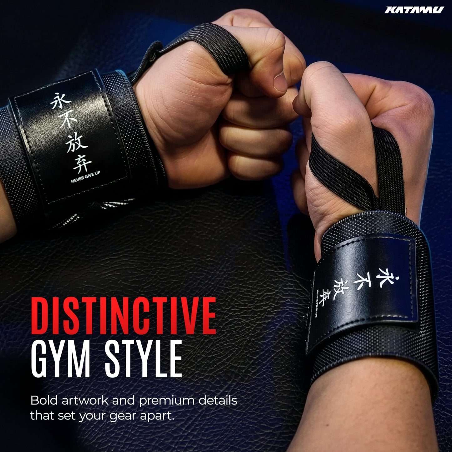 Katamu Never Give Up Premium Wrist Wraps for Weightlifting — 18 Inch Cotton Wrist Support with Thumb Loop for Powerlifting, Bodybuilding and Bench Press, Pair
