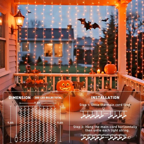 JMEXSUSS 300LED Orange Halloween Lights - 9.8x9.8ft Curtain String Lights with Remote | 8 Modes for Indoor/Outdoor Decor