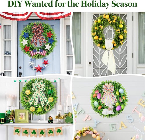DDHS Large Boxwood Wreath - 24'' Artificial Spring Decor for Front Door | Year-Round Indoor/Outdoor Use