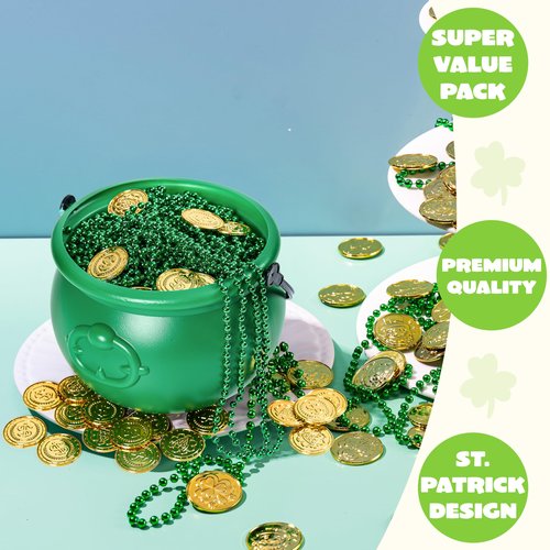 JOYIN 7.5'' St. Patricks Day Green Cauldron, Plastic Lucky Leprechaun Pot, Candy Kettle Bucket & Basket for St. Patricks Day, Mardi Gras, Halloween Party Decoration Supply Accessory