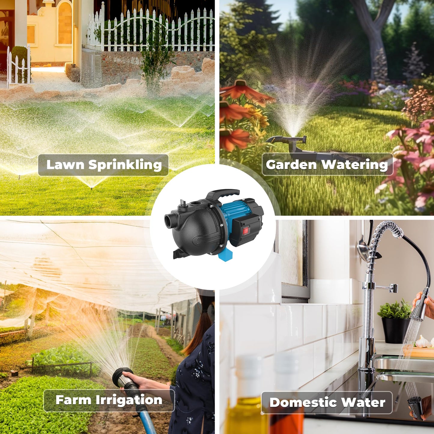 BOMGIE 1.6HP Shallow Well Garden Pump, Water Transfer Pump, Home Lawn Draining Irrigation, Pressure Booster, Sprinkler, Jet, 1200GPH 115V Portable Cast Iron