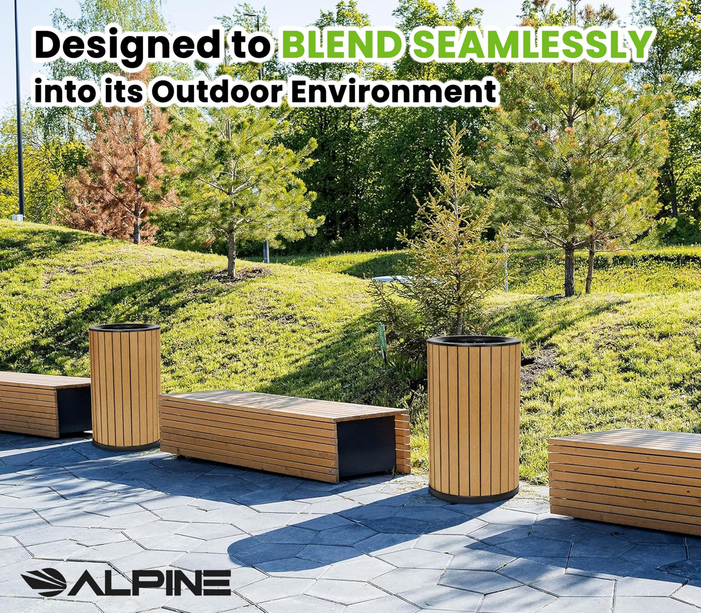 Alpine 32 Gallon Commercial Outdoor Trash Can – Open Top All-Weather Garbage Can with Leak-Proof Stainless Steel Liner, Floor-Mount Ready for Parks, Schools & Public Spaces (Flat Lid - Cedar)