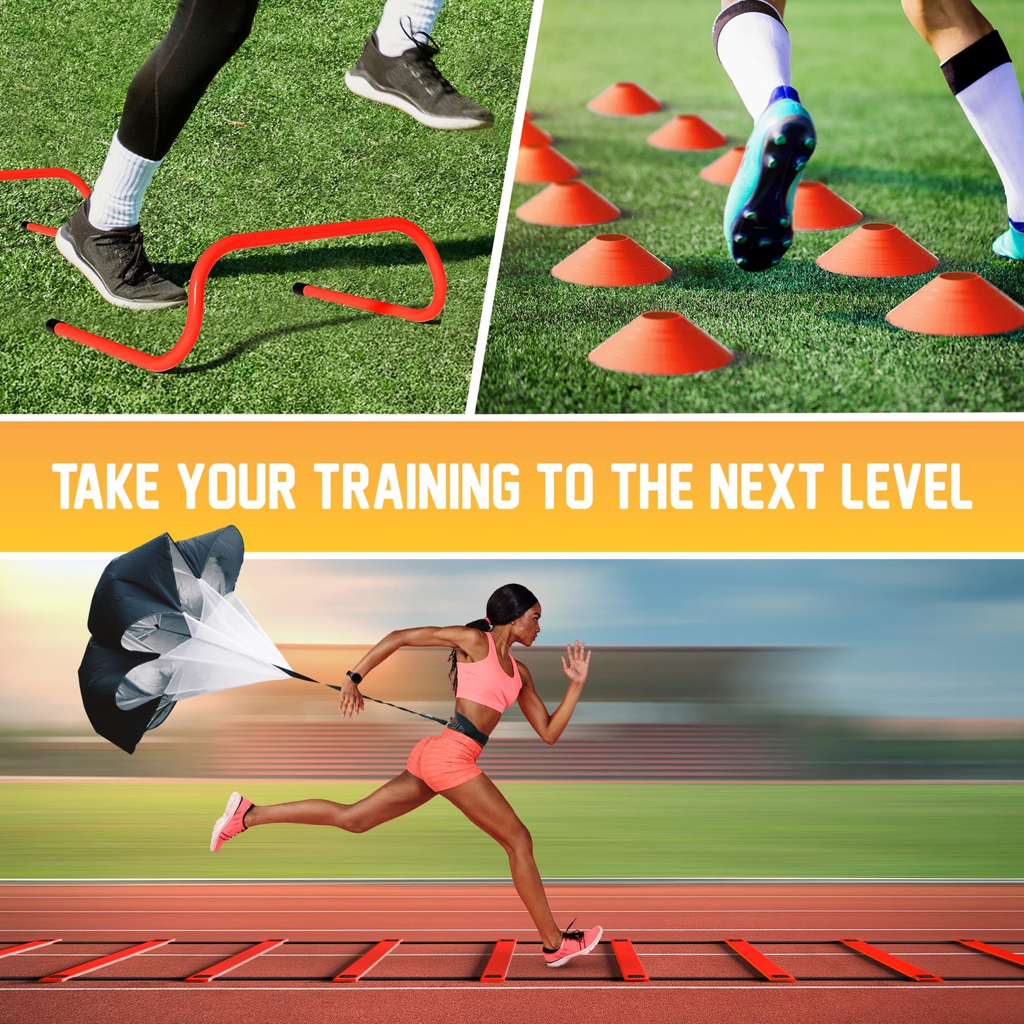 Yes4All Agility Ladder Adjustable Speed & Agility Training Equipment for All Ages, Durable Speed Ladder, Multiple Combo Sets Available, Orange,12 Agility Cones, 5 Hurdles, Jump Rope, Running Parachute
