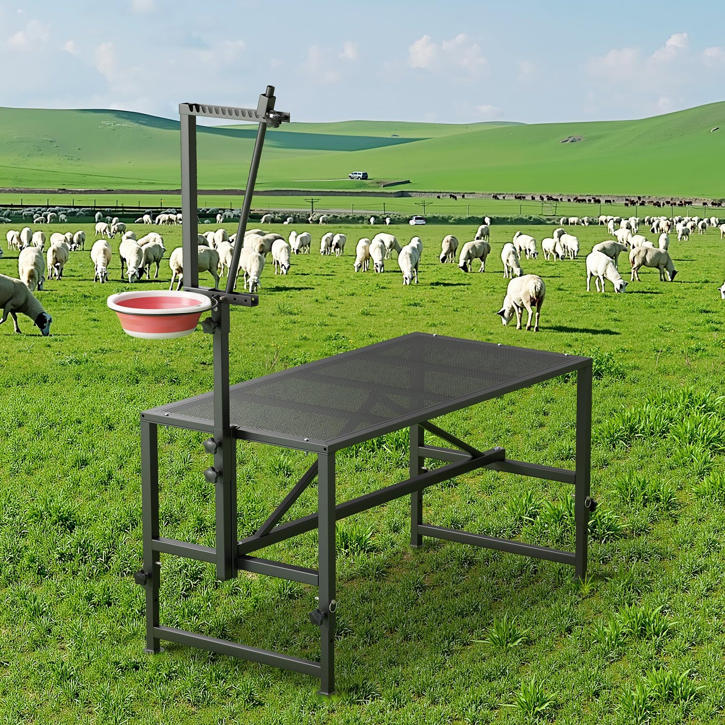 SKONYON Goat Milking Stand With Feeder: Heavy Duty 600lbs Goat Stand | 47x23 Inch Livestock Table With Adjustable Headpiece & Legs | Hoof Trimmers Shearing For Goats & Sheep | Sheep Stand Black