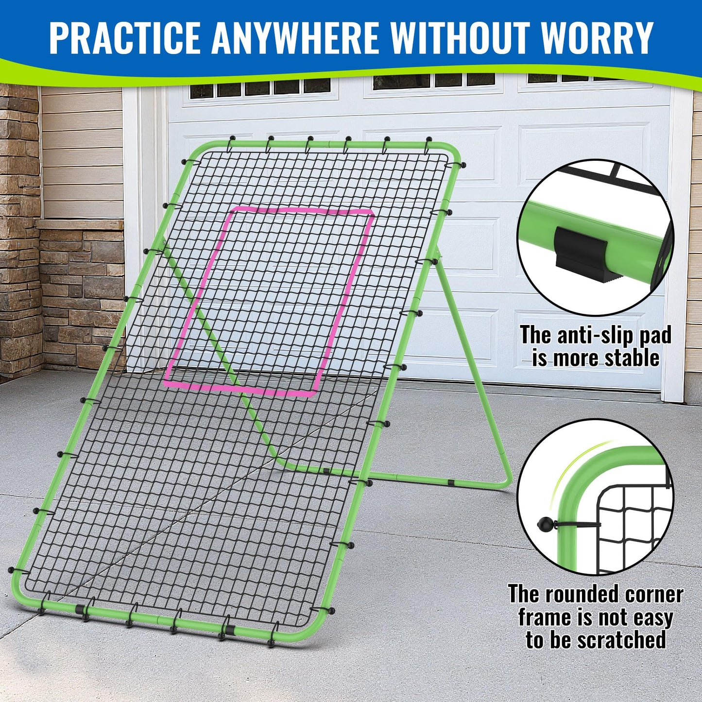 Oswerpon Volleyball Rebounder Net 7x4 FT, 5-Angle Adjustable Bounce Back Net, Steel Frame & PE Training Net for Volleying/Spiking, Rust-Resistant & Durable – w/Travel Bag, 2 NETS (Green & Pink)