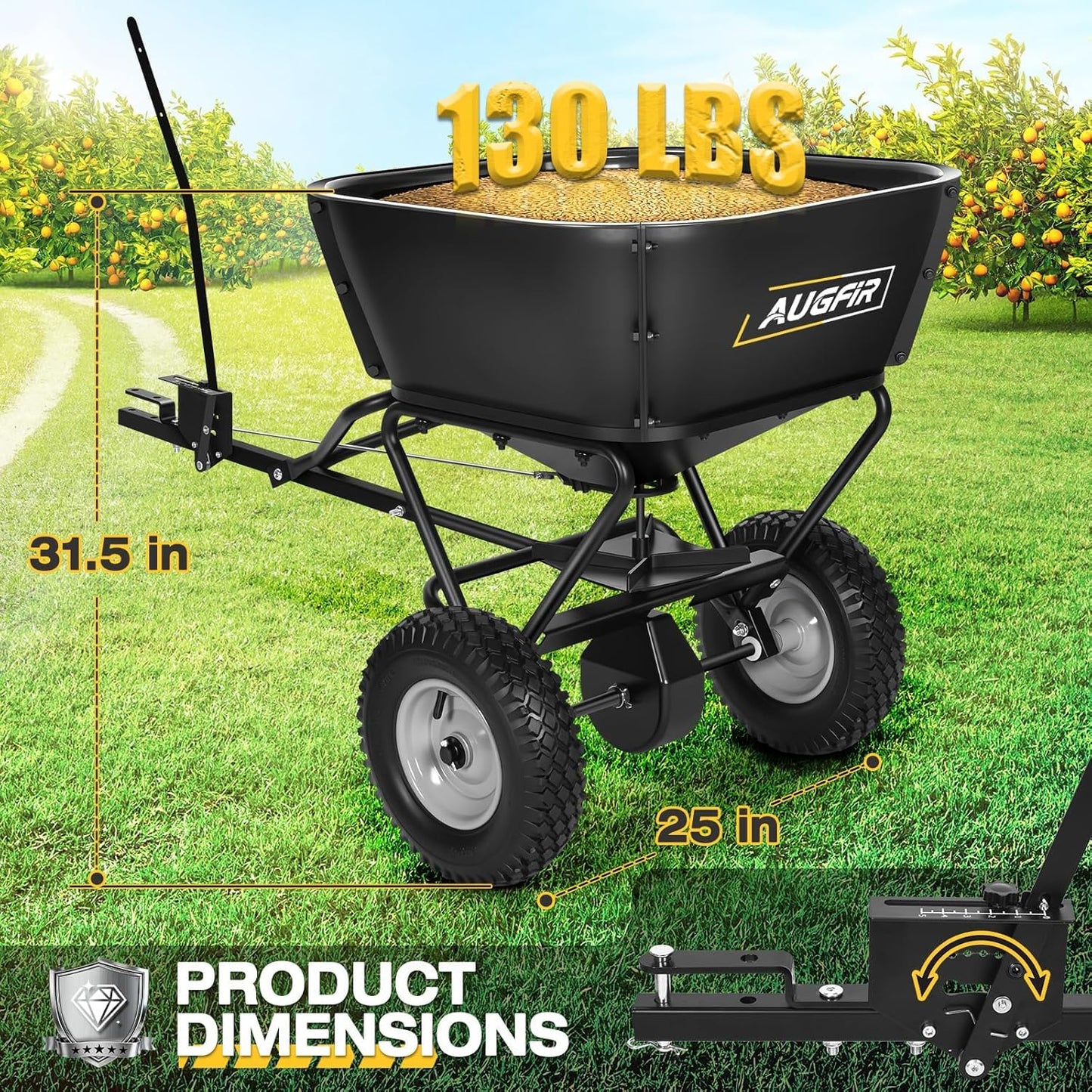 AugFir Tow Behind Broadcast Spreader, 130 LBS Capacity Lawn Fertilizer Spreader for Riding Mower, ATV, UTV & Tractor, 12 FT Spread Width Pull Behind Spreader Seeder for Grass Seed, Salt, Ice Melt