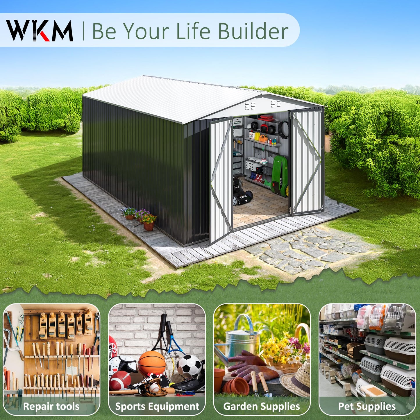 WKM 10x14 Metal Outdoor Storage Sheds, Heavy-Duty Galvanized Steel Garden Shed with Lockable Doors & 4 Vents, Waterproof Tool Shed Organizer for Outside, Backyard, Patio, Lawn, White