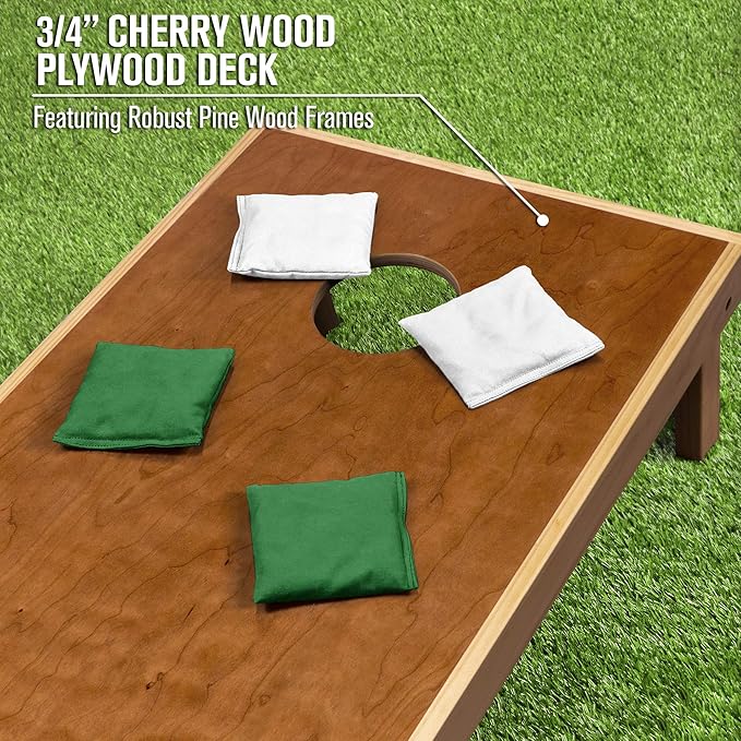 GoSports 4 ft x 2 ft Commercial Grade Cornhole Boards Set - Natural Wood Cornhole Boards, Choose from Different Bean Bag Color Combinations - White & Dark Green