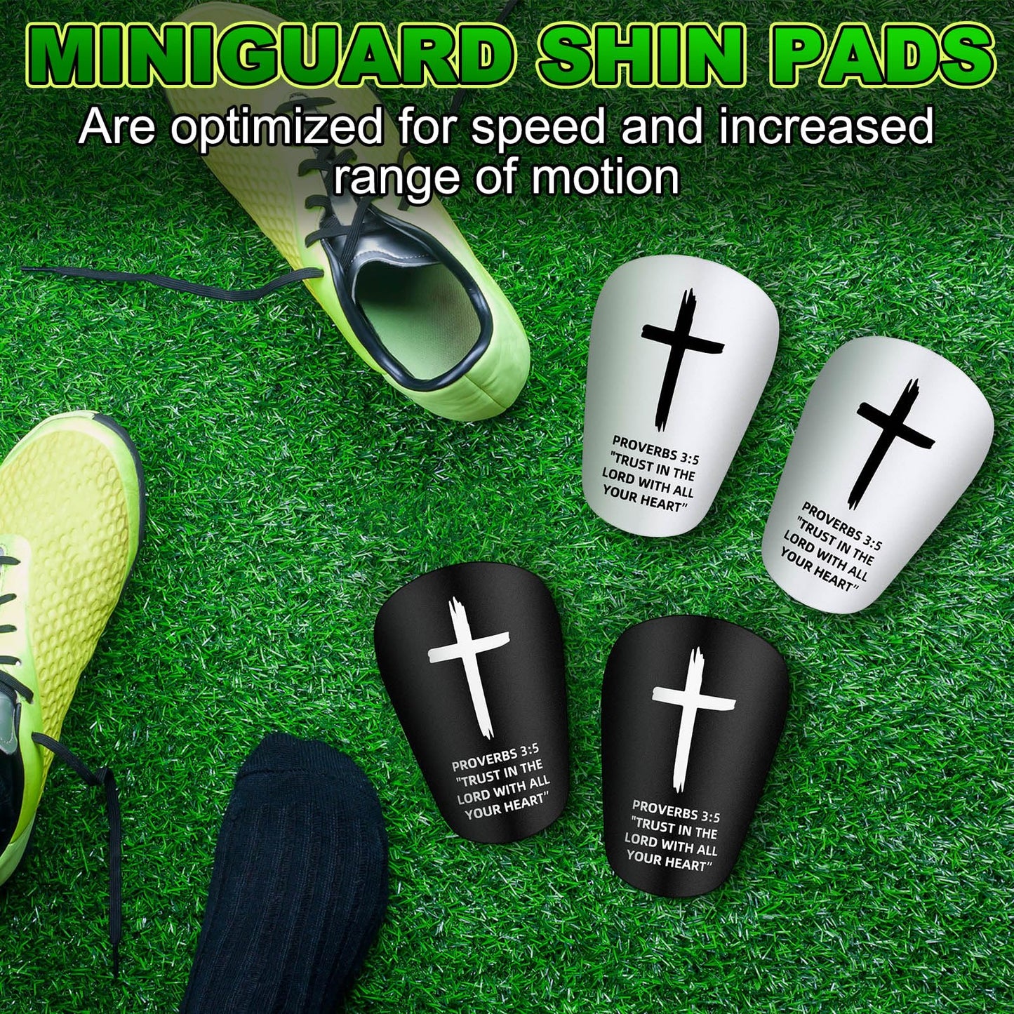 PullCrease 2 Pairs Mini Soccer Shin Guards Christian Faith Cross Small Shin Guards with Bible Verse Religious Soccer Football Pads for Kids Adult(Black, White,3.15 x 1.97 Inches,Proverbs 3:5)