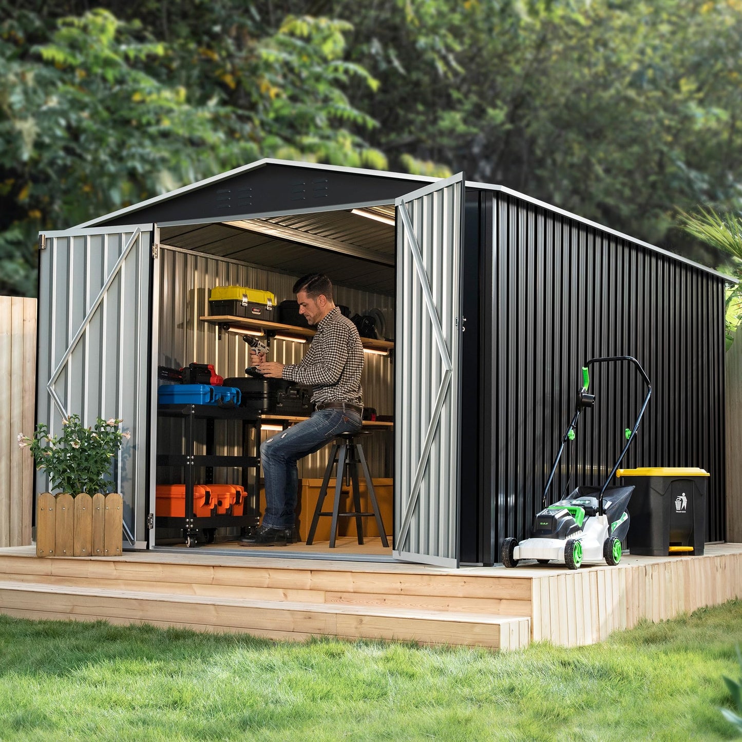 Polar Aurora 8 x 12 FT Outdoor Storage Shed, Metal Garden Shed with Updated Frame Structure, Tool Sheds for Backyard Garden Patio Lawn Black