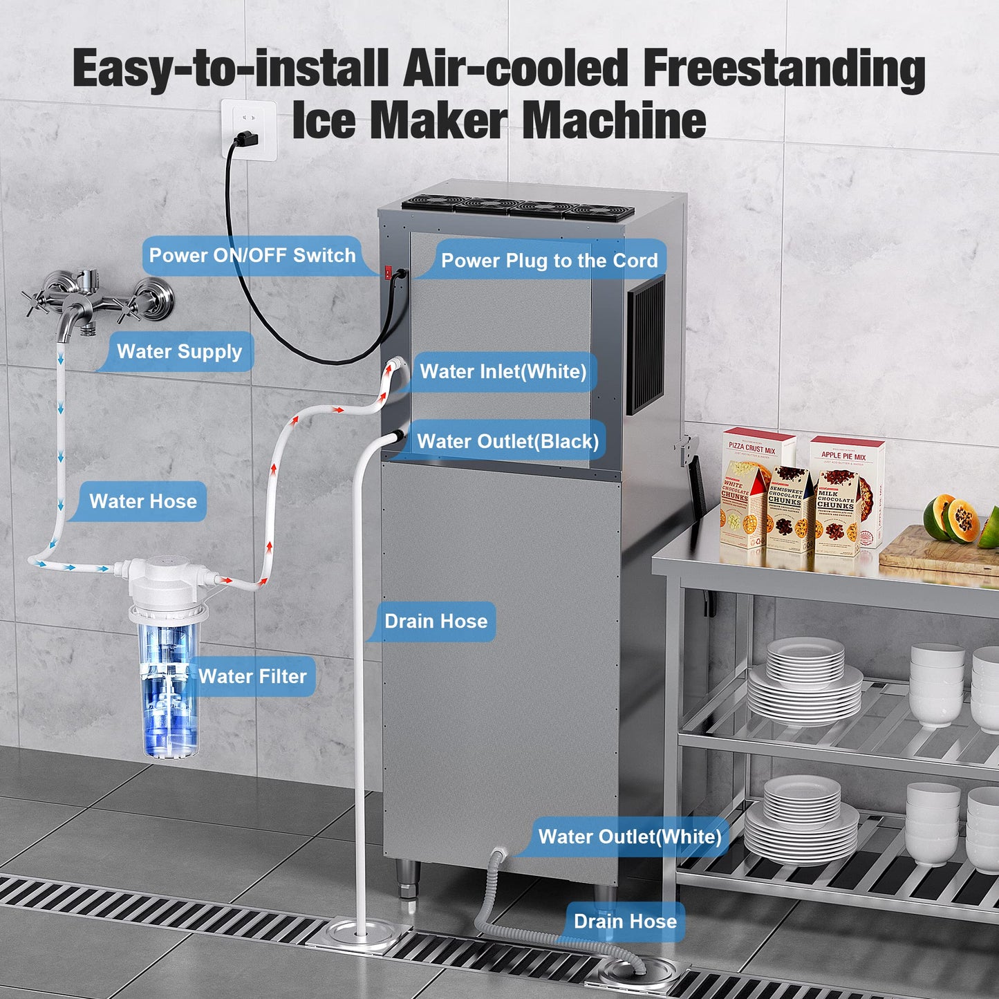 Coolski Commercial Ice Maker Machine 450LBS/24H, 22'' Wide Ice Machine with 300LBS Large Storage Bin, Clear Ice Cubes Air Cooled Stainless Steel Ice Maker for Restaurant/Bar/Cafe/Business
