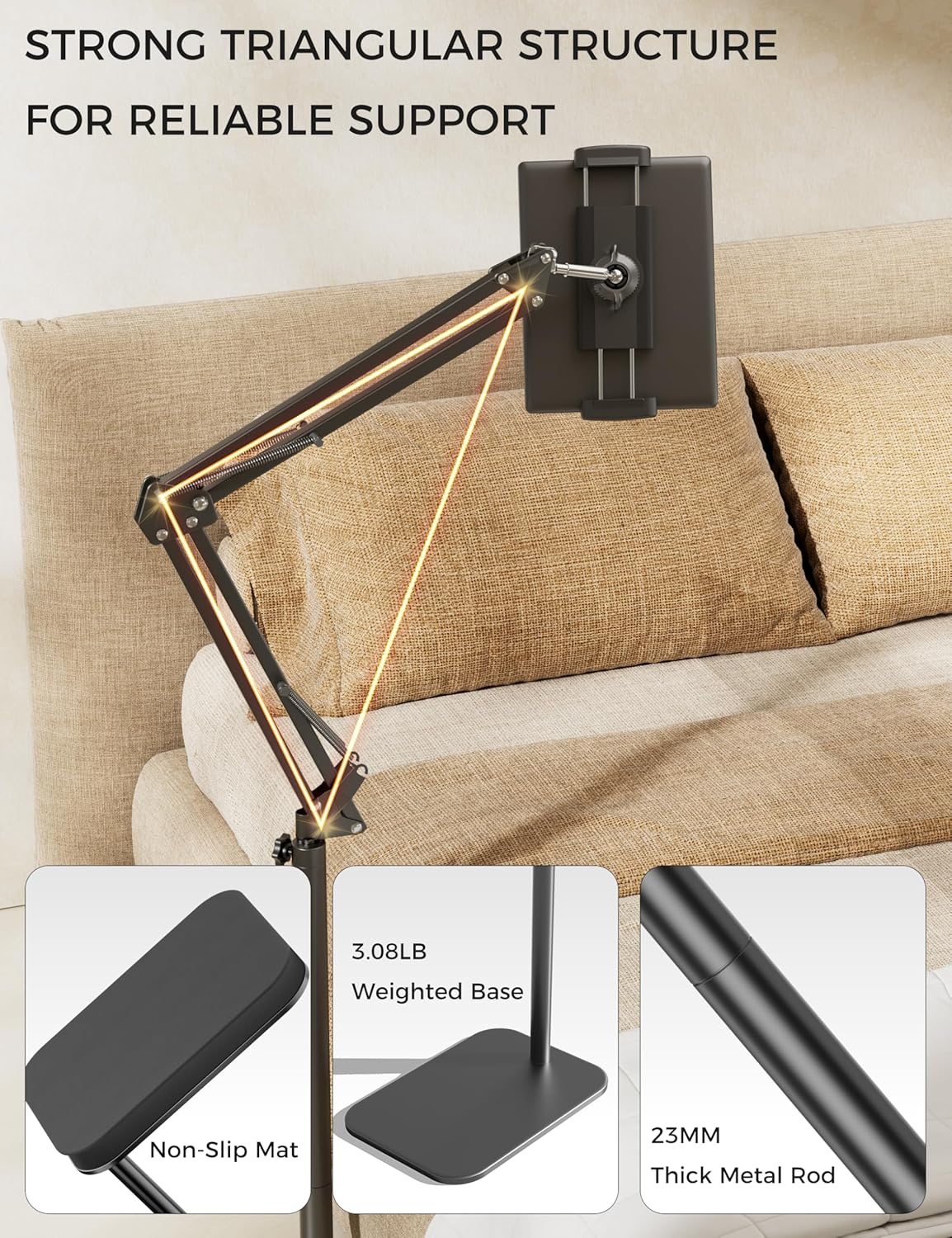 VOLTIFYMAX 360-degree 4.7~12.9 Inch-Screen Tablet Floor Stand, Rotatable Metal Tablet Stand Holder, Adjustable Kindle