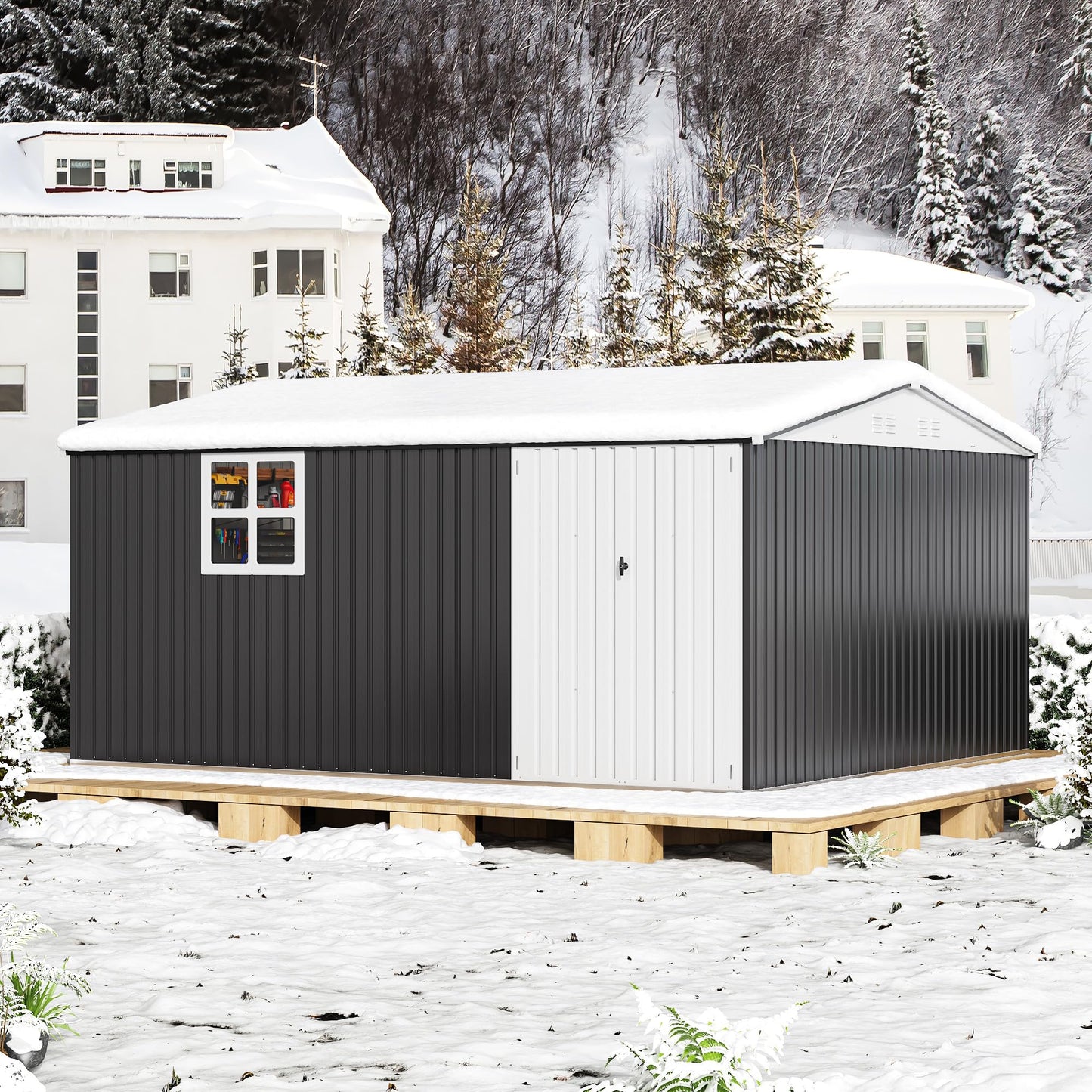 Polar Aurora 12X14 FT Metal Outdoor Storage Sheds with Window, Heavy-Duty Galvanized Steel Garden Shed with Lockable Doors and 4 Vents, Large Weatherproof Tool Shed Kit for Backyard Patio, Black