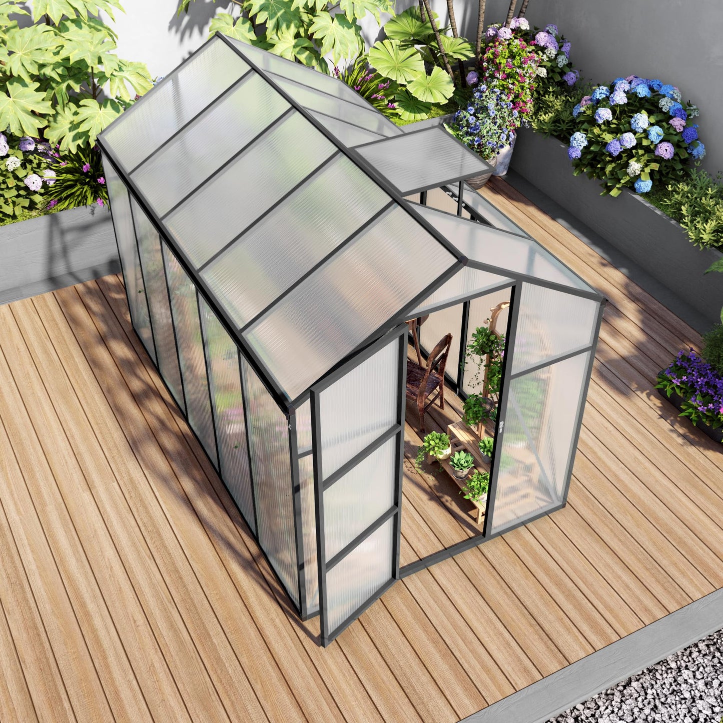 KEIKI 6x10 FT Polycarbonate Greenhouse for Outdoors, Heavy-Duty Walk-in Aluminum Greenhouse with Anchor Base, Light-Transmitting Panels & Drainage System, Black