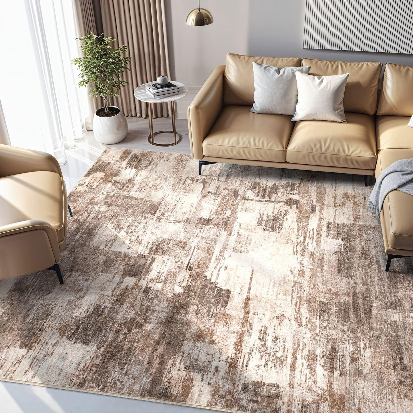 kakania 5x7 Washable Area Rug - Abstract Soft Non-Slip Modern Low-Pile Carpet for Living Room Bedroom Office Dorm, Kid Pet Safe Robot Vacuum Friendly - Brown