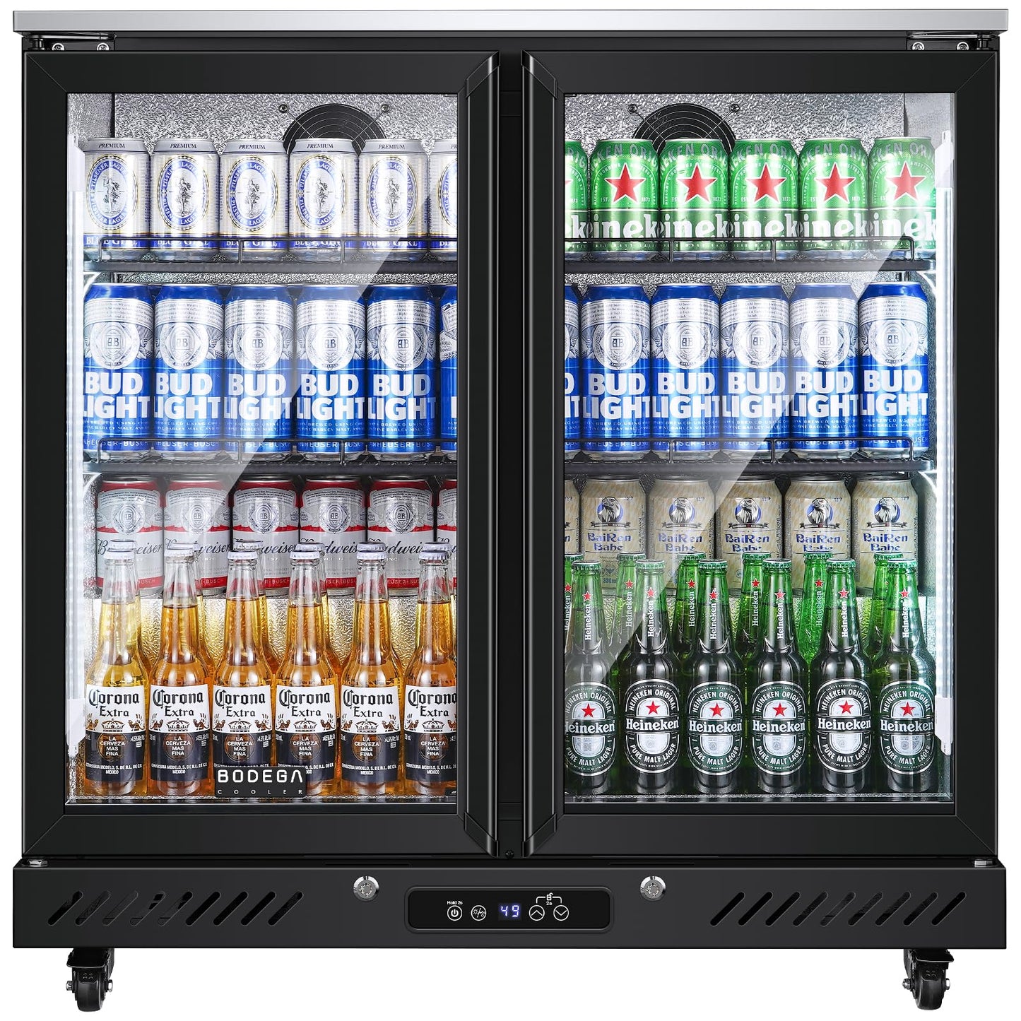 BODEGACOOLER Back Bar Cooler with 2 Glass Doors,7.7 Cu.ft Commercial Bar Beverage Refrigerator Under Counter LED Lighting for Soda Drinks,Beer,Wine with Stainless Steel Top,DOE Approved,4 Casters