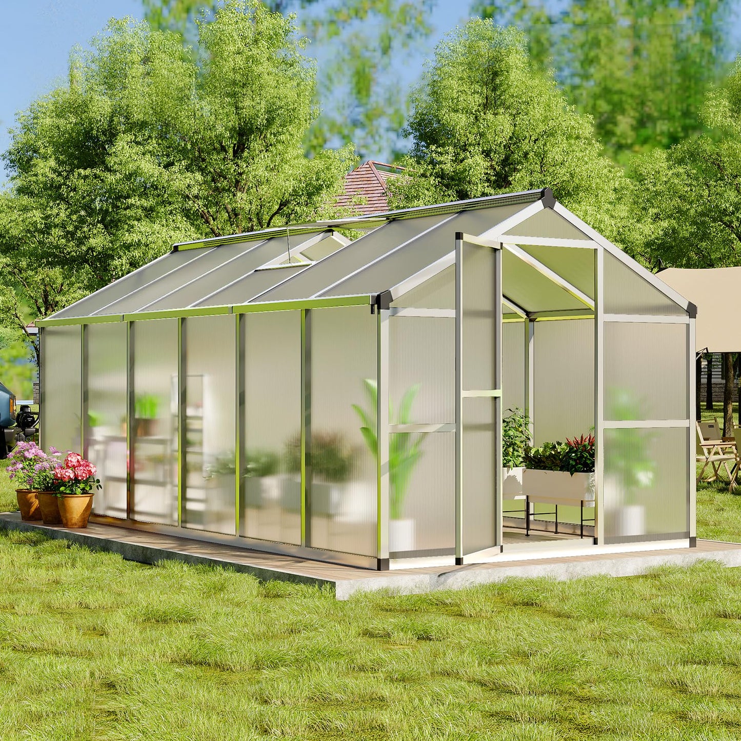 8x12 FT Greenhouse, Easy Assembly Aluminum Polycarbonate Greenhouses for Outdoors with Roof Vent, Large Aluminum Walk-in Greenhouse for Sunroom Patio, Backyard, Garden, Sliding Lockable Door, Silver
