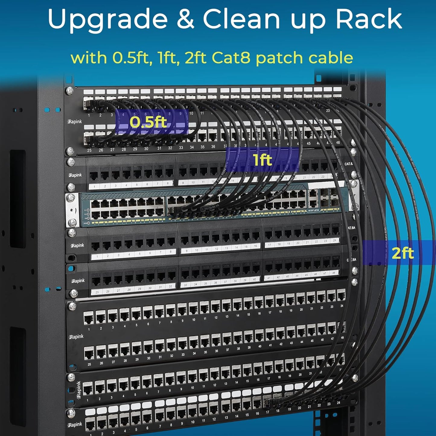 Rapink Cat8 1ft 24 Pack Cat8 40G 8 8 Patch Cables Slim, Ethernet Patch Cable Support, Snagless Cat Patch Cable