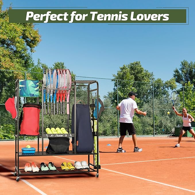 PLKOW Tennis Bag Organizer Tennis Racket Storage Rack, Tennis Equipment Holder for Bags, Balls, Racquet & Accessories, Versatile Gear Organizer for Garage, Club, or School