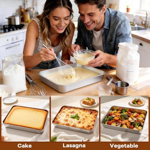 LIANYU Stainless Steel Baking Pan Set - 2 Pack Rectangle Sheet Cake Pans with Lids, 12⅓ x 9¾ x 2 Inch, Non-Toxic & Dishwasher Safe