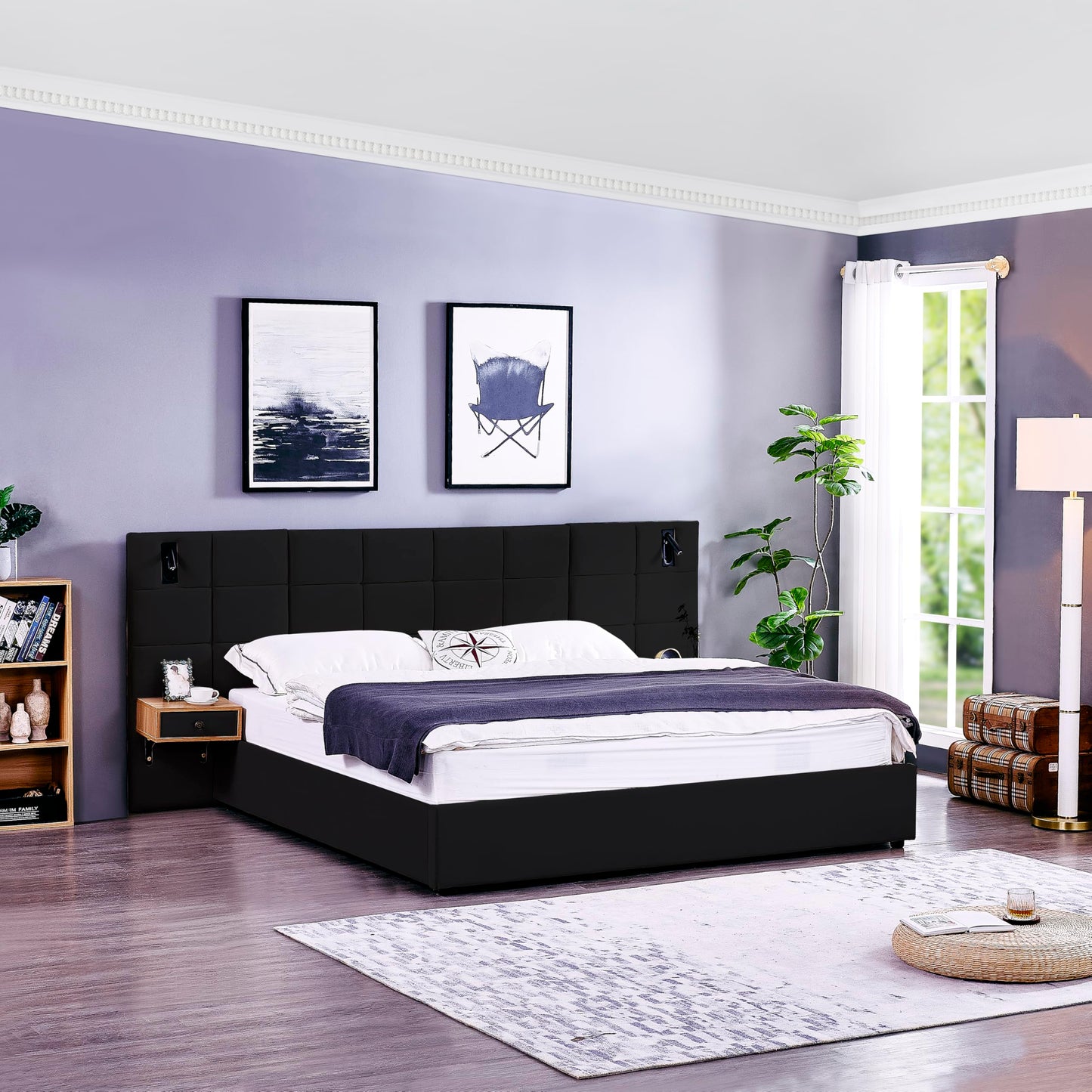KEIKI King Size Storage Velvet Upholstered Hydraulic Lift Platform Bed with 2 Shelves, 2 Reading Lamps and USB Port, Modern King Bed Frame with Headboard, Space Saving, Black