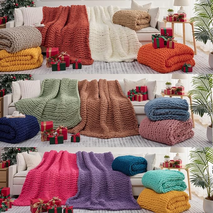 L'AGRATY Chunky Knit Blanket Throw: 60''x80'' Chenille Chunky Knitted Throw Blankets for Twin Bed Couch - Handmade Thick Cable Knit Blanket - Large Crochet Rope Blankets for Home Decor(Grey)