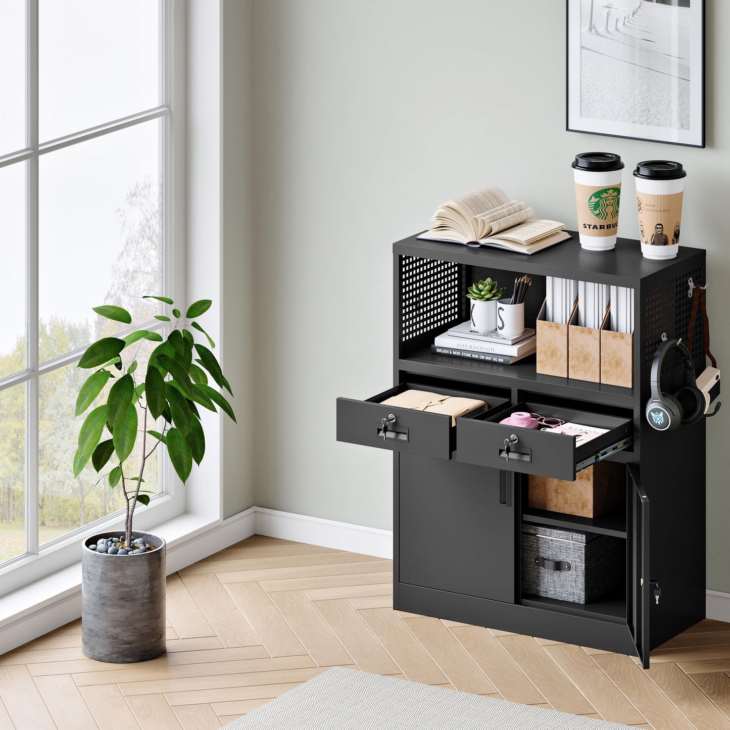 Yizosh Metal Storage Cabinet with 2 Drawers and Locking Doors,- 41.3" Steel Lockable Storage Cabinet with Shelves for Home Office,Garage,School (Black)